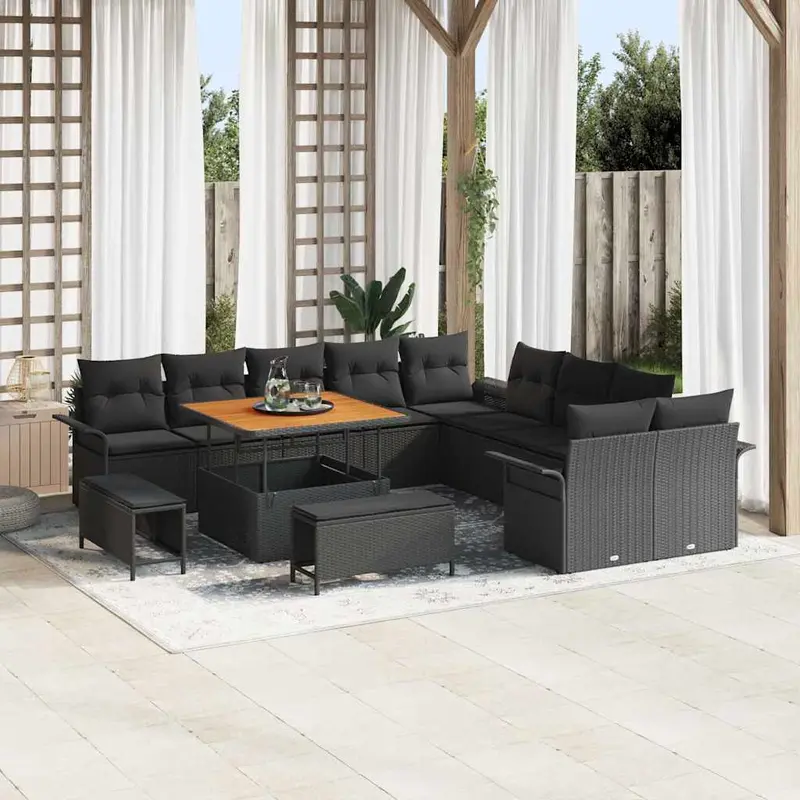 Conjunto de sofás de jardín 13 pcs Negro ratán sintético