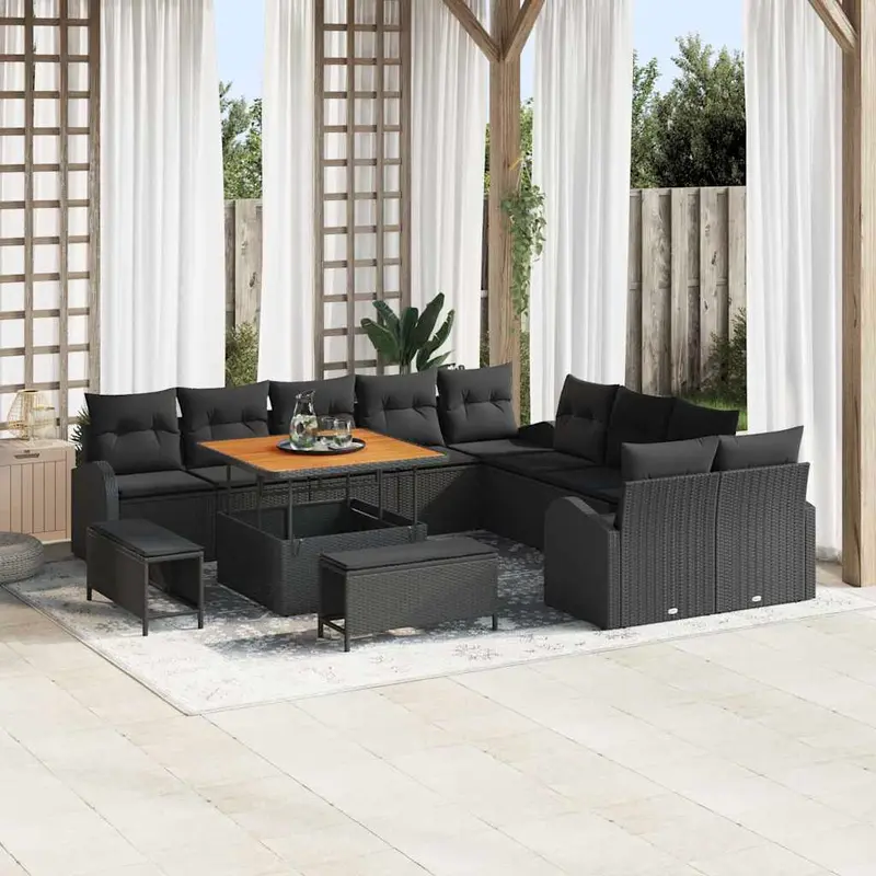 Conjunto de sofás de jardín 13 pcs Negro ratán sintético