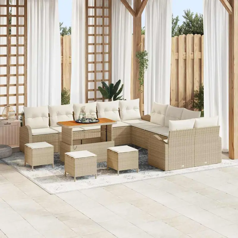 Conjunto de sofás de jardín 14 pcs Beige ratán sintético