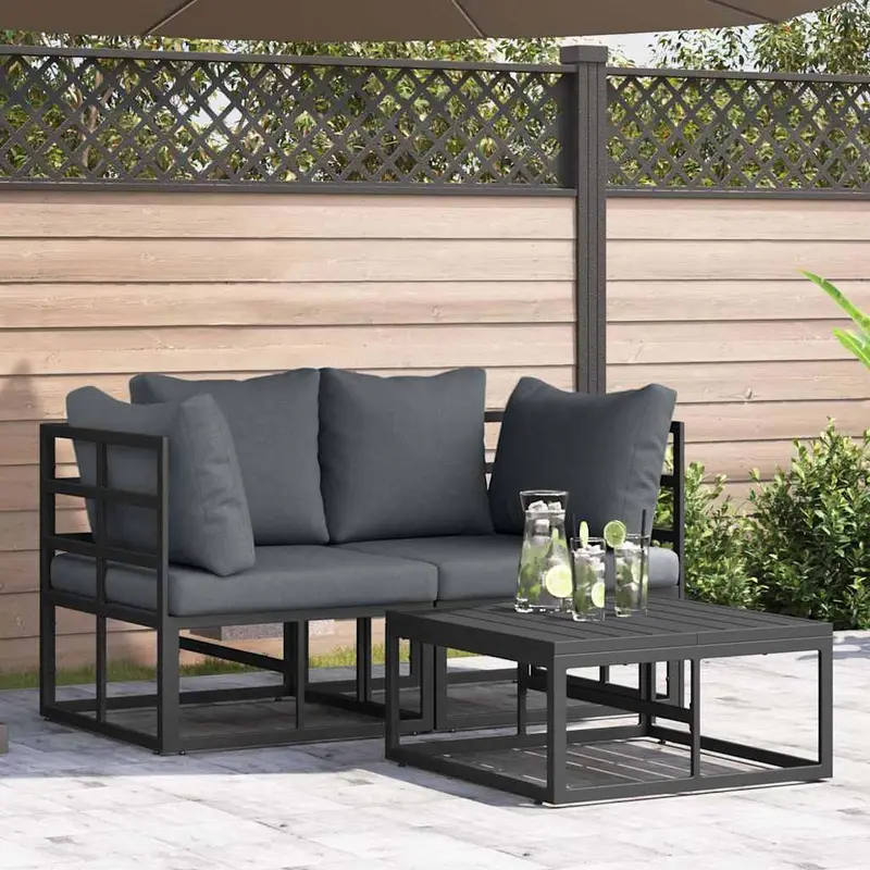 Conjunto de sofás de jardín 3 pcs Negro Metal