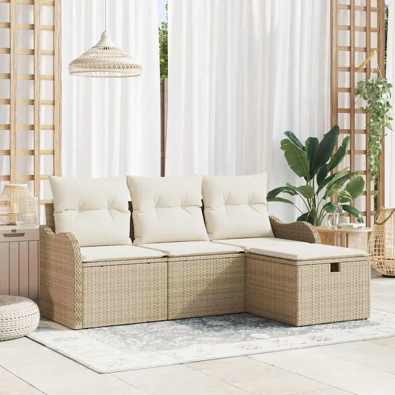 Conjunto de sofás de jardín 4 pcs Beige y Crema ratán sintético