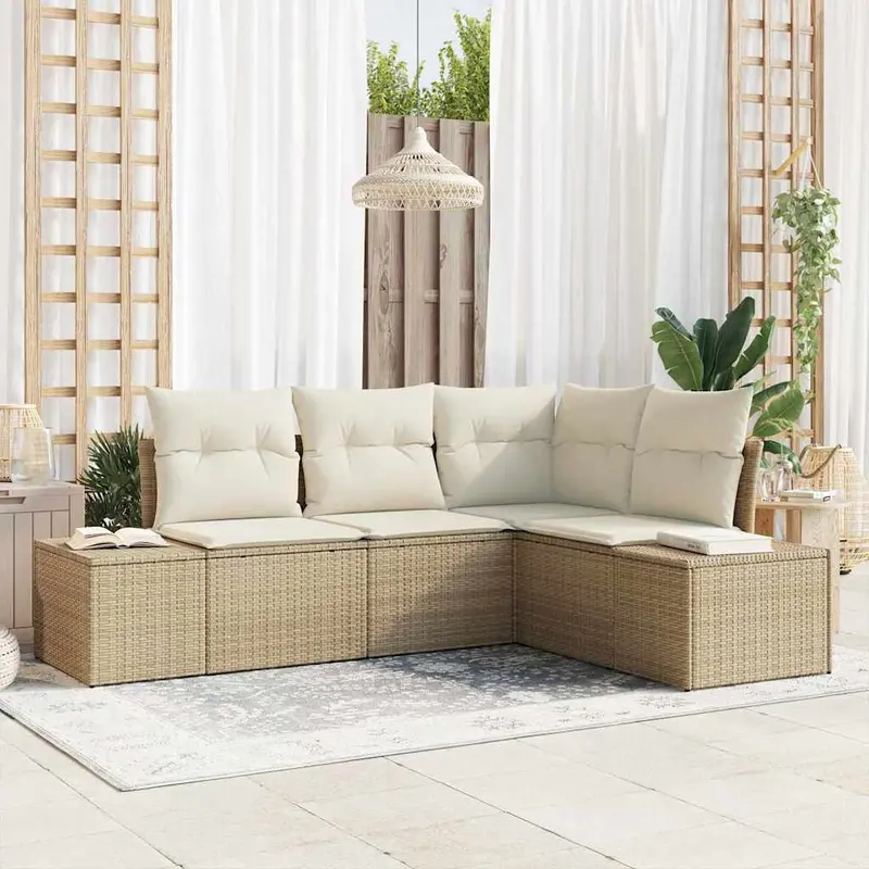 Conjunto de sofás de jardín 4 pcs Beige y Crema ratán sintético