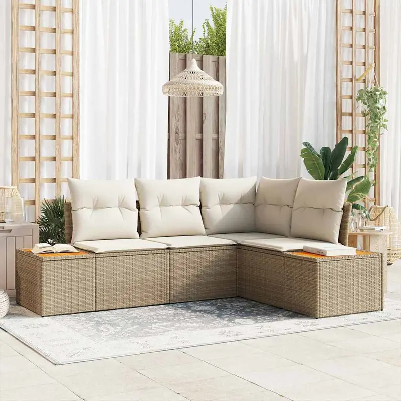 Conjunto de sofás de jardín 4 pcs Beige y Crema Ratán sintético