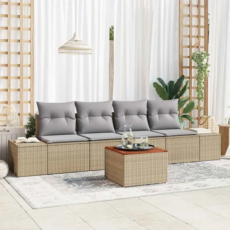 Conjunto de sofás de jardín 5 pcs Beige ratán sintético