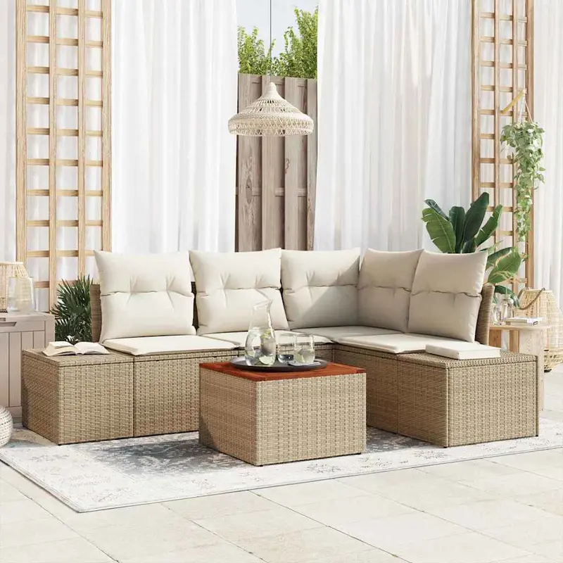 Conjunto de sofás de jardín 5 pcs Beige y Crema ratán sintético