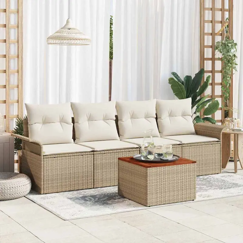 Conjunto de sofás de jardín 5 pcs Beige y Crema ratán sintético