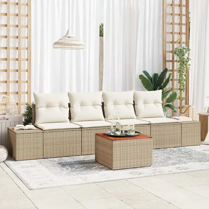 Conjunto de sofás de jardín 5 pcs Beige y Crema ratán sintético