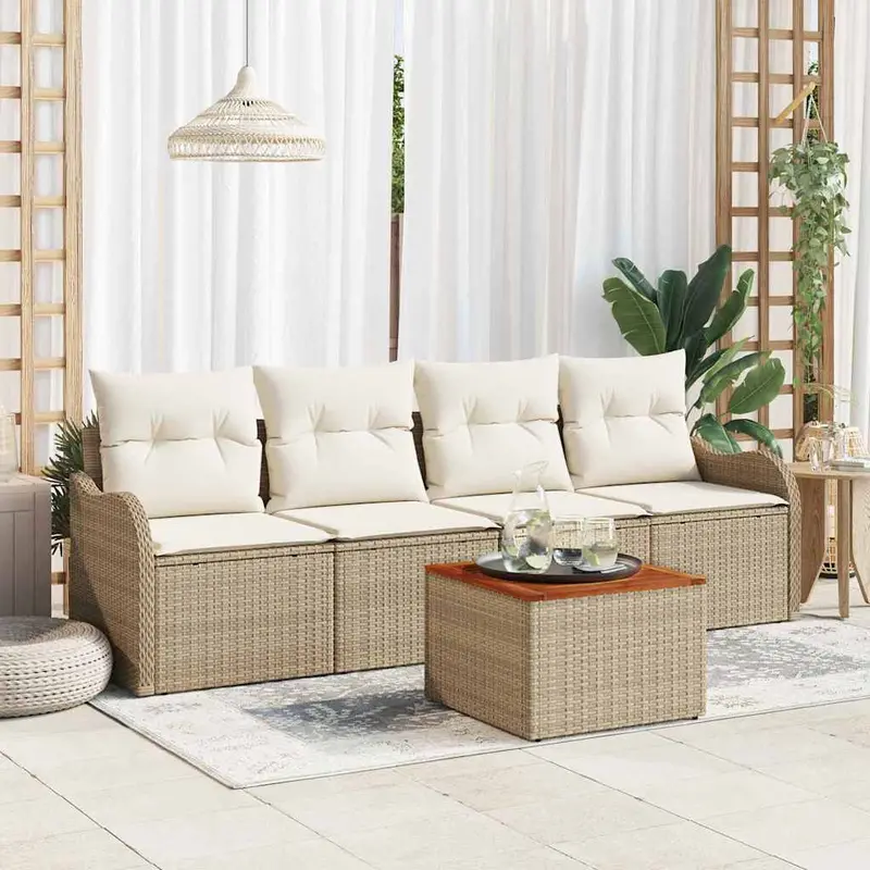 Conjunto de sofás de jardín 5 pcs Beige y Crema ratán sintético