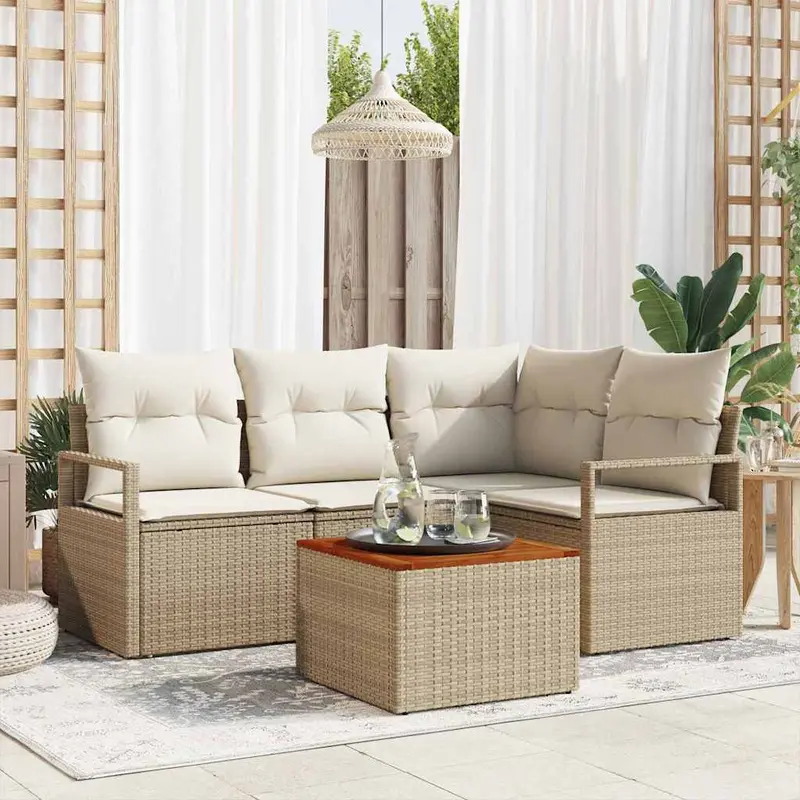 Conjunto de sofás de jardín 5 pcs Beige y Crema ratán sintético