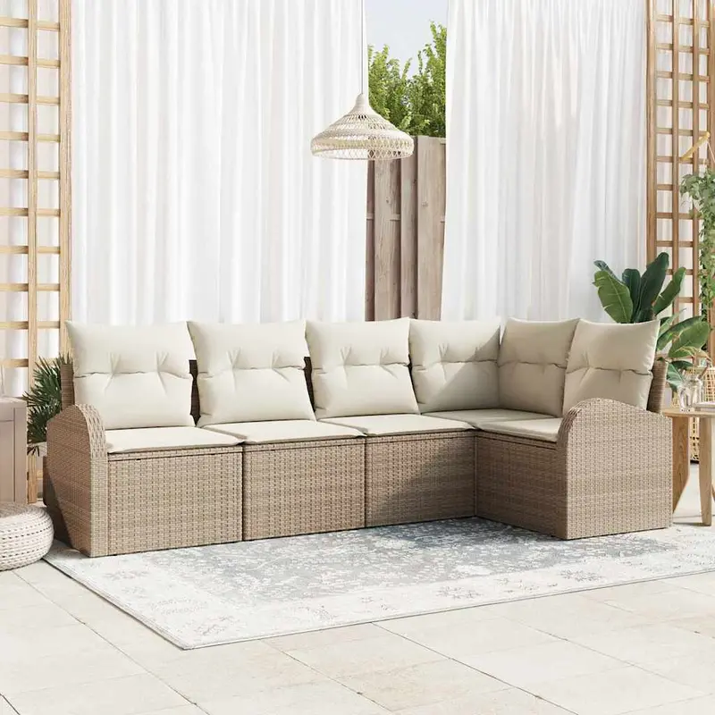 Conjunto de sofás de jardín 5 pcs Beige y ratán sintético