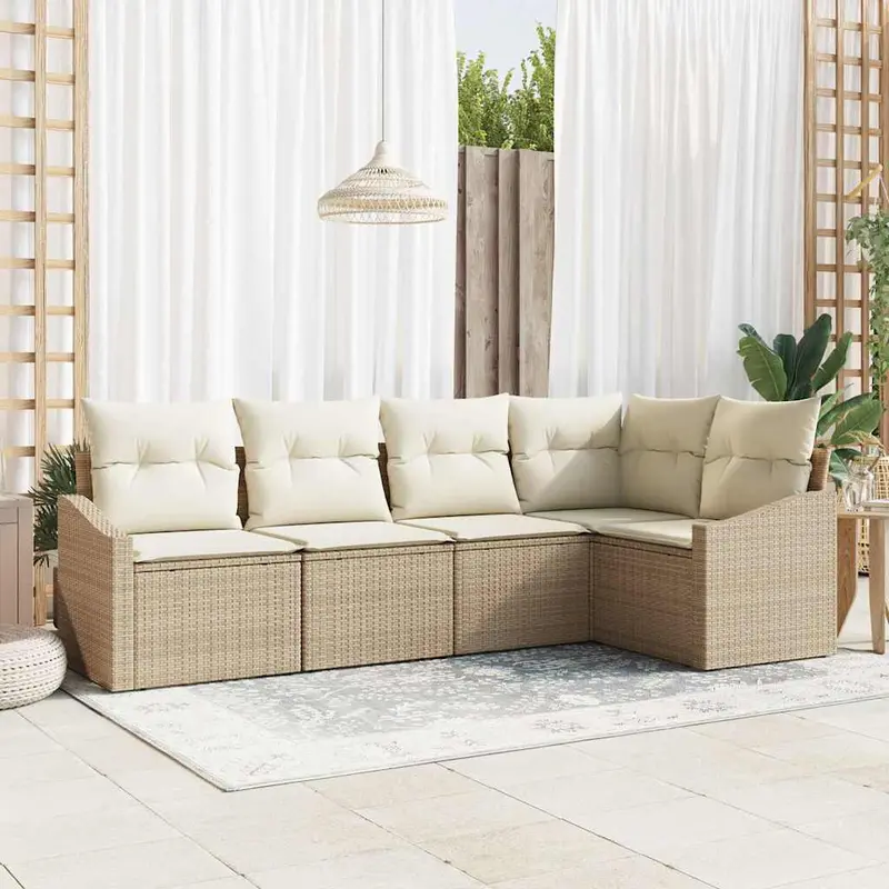 Conjunto de sofás de jardín 5 pcs Beige y ratán sintético