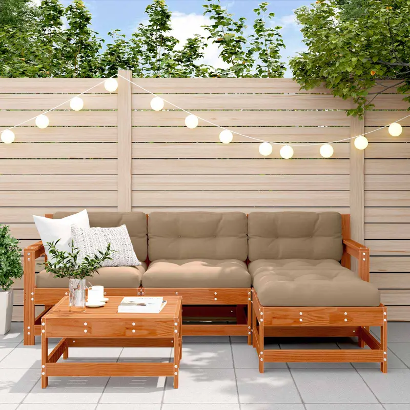 Conjunto de Sofás de Jardín 5 pcs Marrón Cera Pino macizo