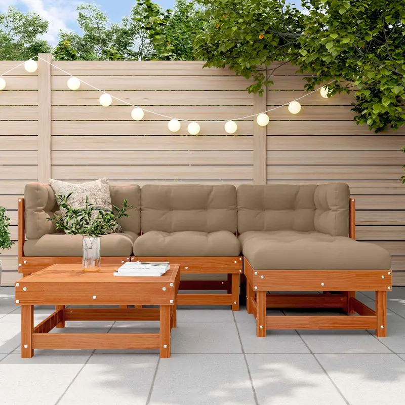 Conjunto de Sofás de Jardín 5 pcs Marrón Cera Pino macizo