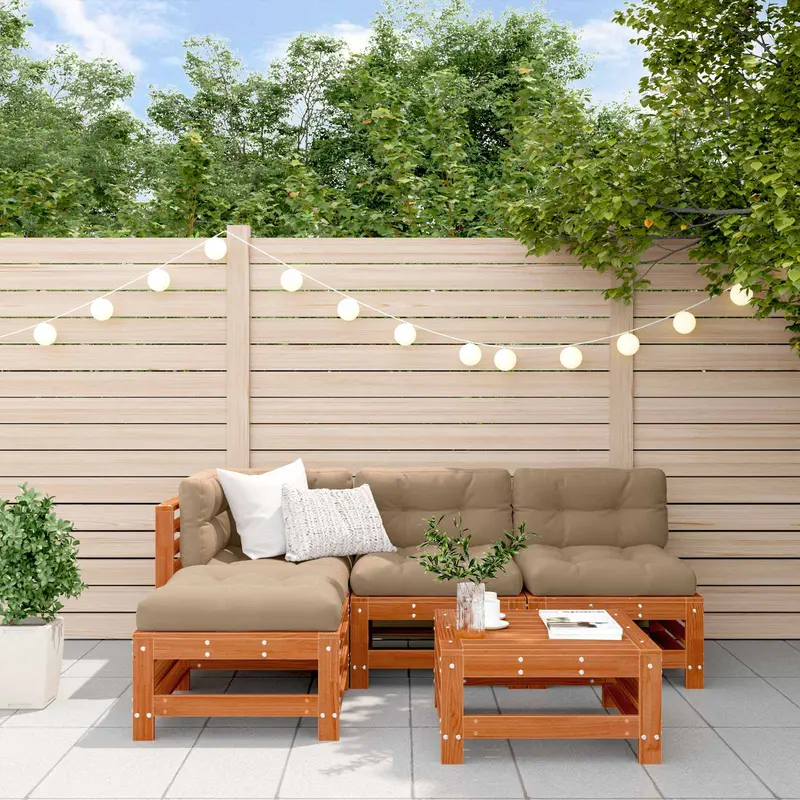 Conjunto de Sofás de Jardín 5 pcs Marrón Cera Pino macizo