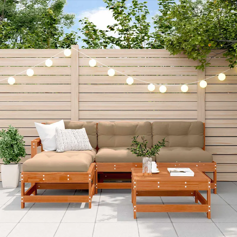 Conjunto de Sofás de Jardín 5 pcs Marrón Cera Pino macizo