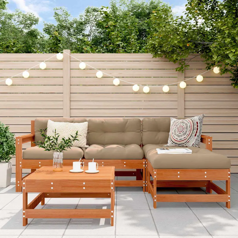 Conjunto de Sofás de Jardín 5 pcs Marrón Cera Pino macizo