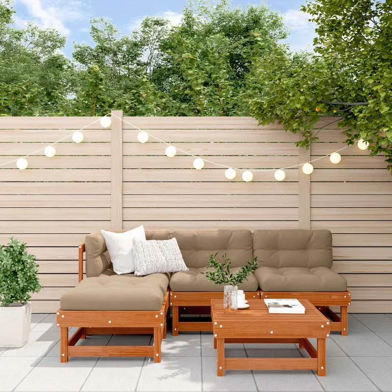 Conjunto de Sofás de Jardín 5 pcs Marrón Cera Pino macizo