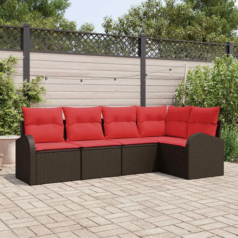 Conjunto de sofás de jardín 5 pcs Marrón y Rojo ratán sintético