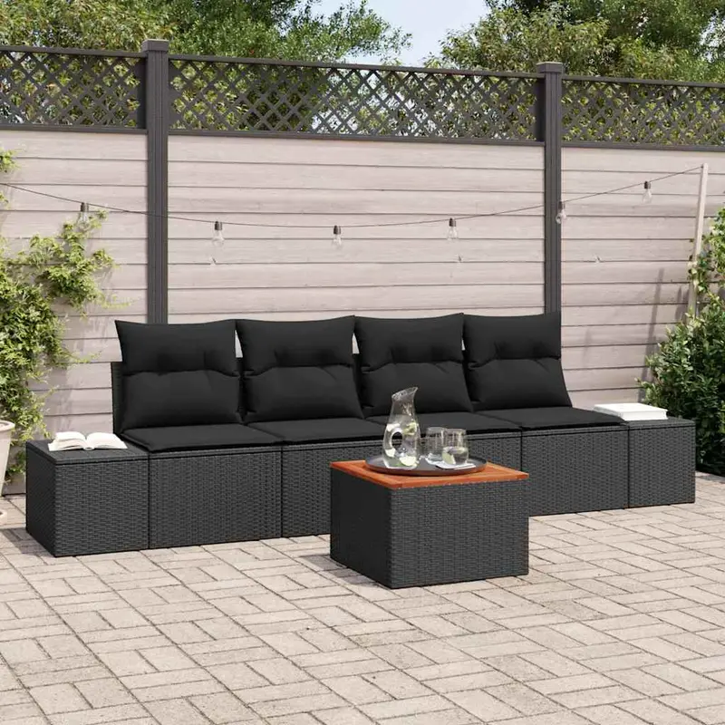 Conjunto de sofás de jardín 5 pcs Negro ratán sintético