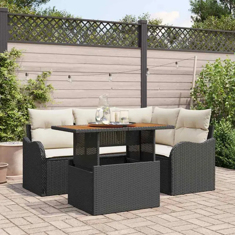 Conjunto de sofás de jardín 5 pcs Negro y crema ratán sintético