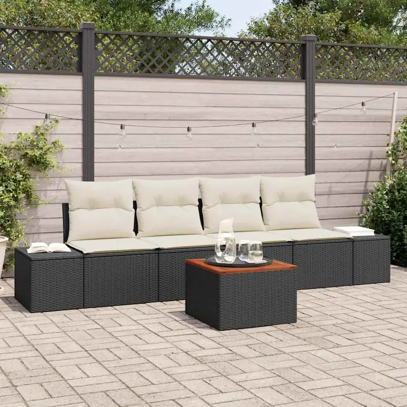 Conjunto de sofás de jardín 5 pcs Negro y crema ratán sintético