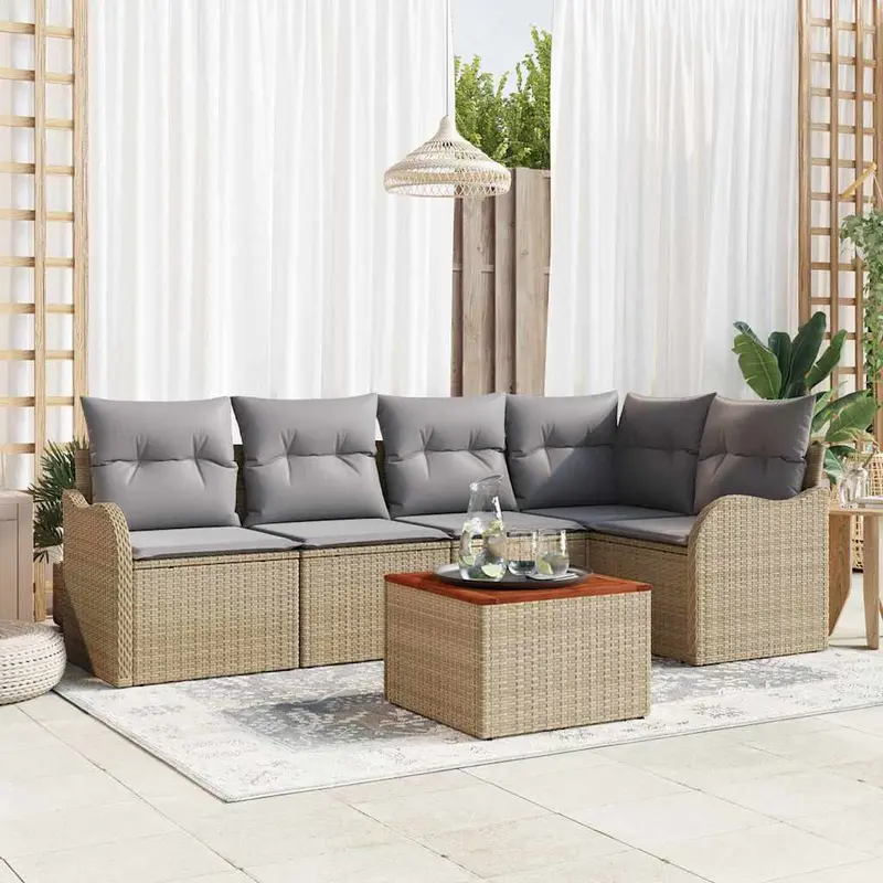 Conjunto de sofás de jardín 6 pcs Beige ratán sintético