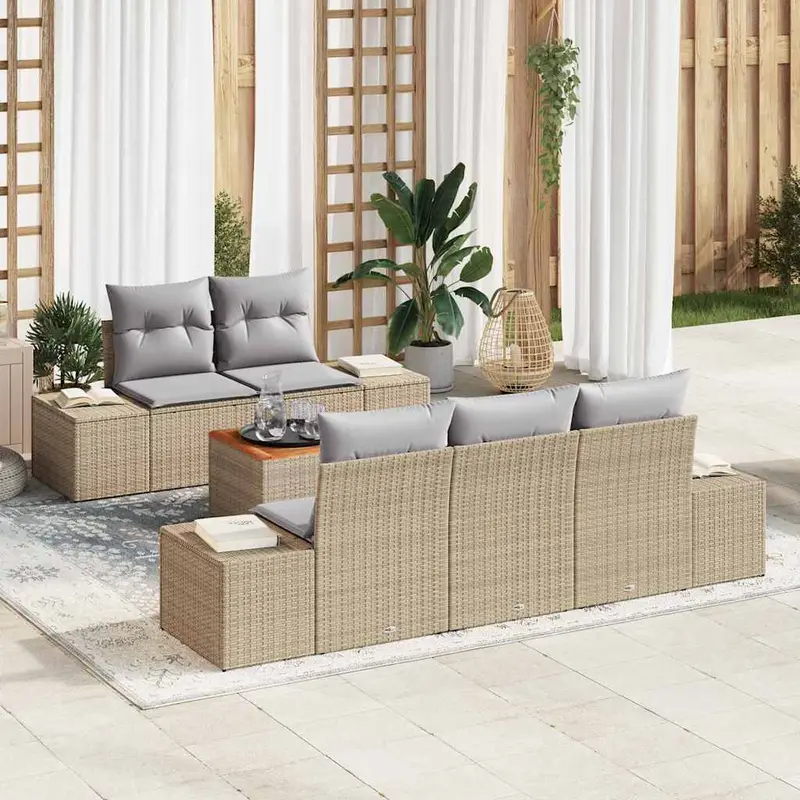 Conjunto de sofás de jardín 6 pcs Beige ratán sintético