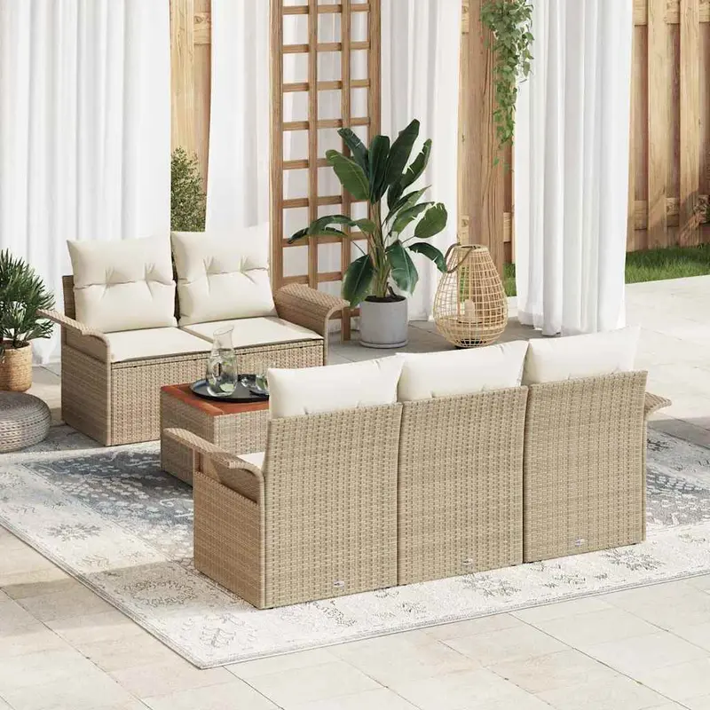 Conjunto de sofás de jardín 6 pcs Beige y Crema ratán sintético