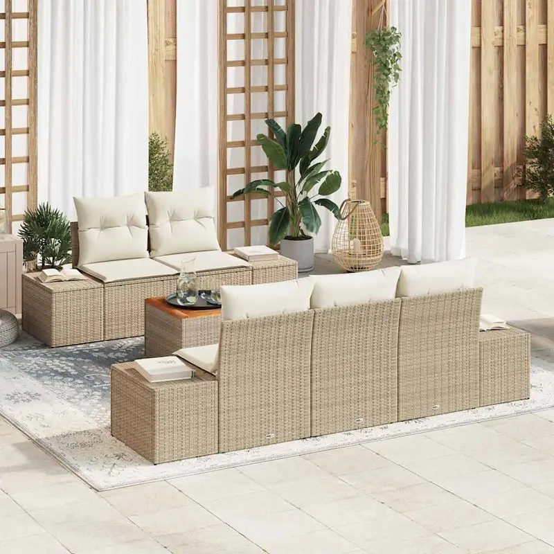 Conjunto de sofás de jardín 6 pcs Beige y Crema ratán sintético