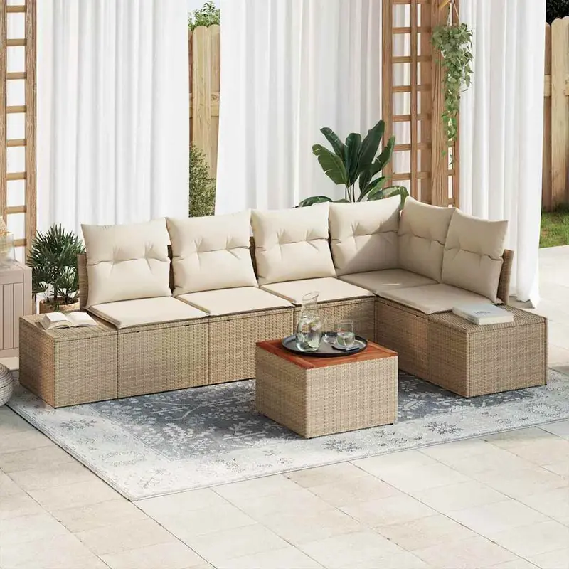 Conjunto de sofás de jardín 6 pcs Beige y Crema ratán sintético