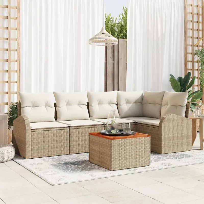 Conjunto de sofás de jardín 6 pcs Beige y Crema ratán sintético