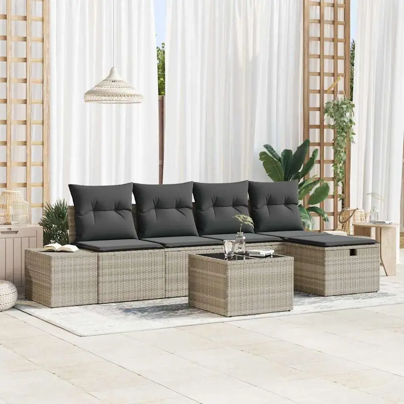 Conjunto de sofás de jardín 6 pcs Gris Claro ratán sintético