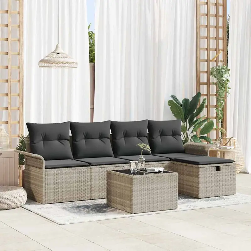 Conjunto de sofás de jardín 6 pcs Gris Claro ratán sintético