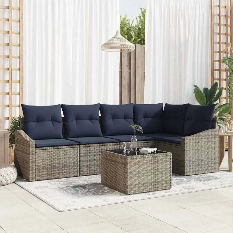 Conjunto de sofás de jardín 6 pcs Gris y marino ratán sintético