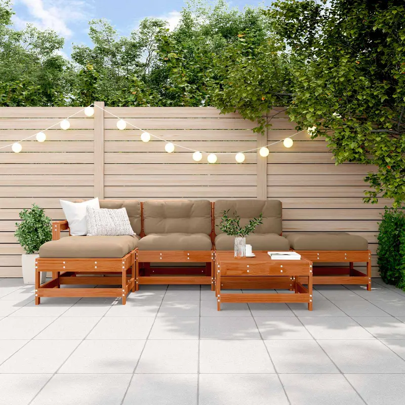 Conjunto de Sofás de Jardín 6 pcs Marrón Cera Pino macizo