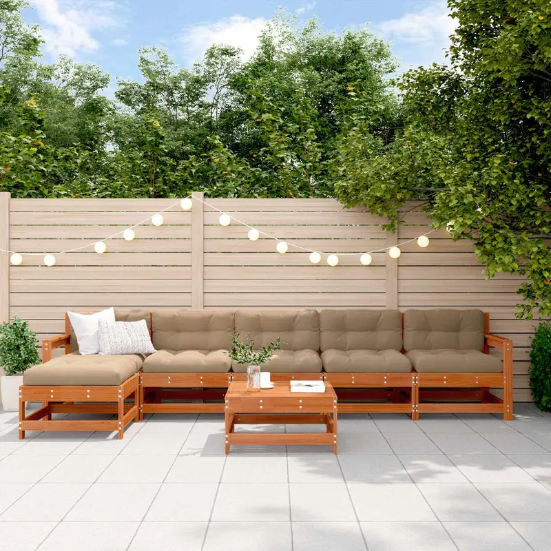 Conjunto de Sofás de Jardín 6 pcs Marrón Cera Pino macizo