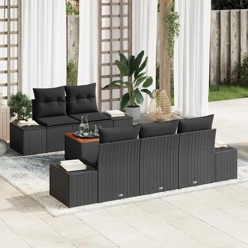 Conjunto de sofás de jardín 6 pcs Negro ratán sintético