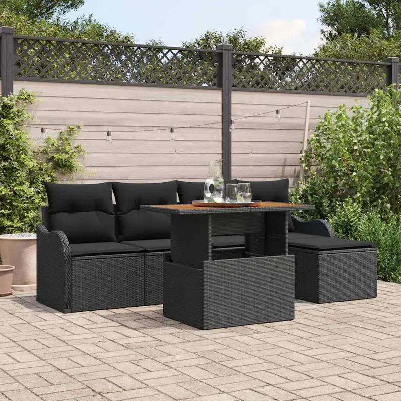 Conjunto de sofás de jardín 6 pcs Negro ratán sintético