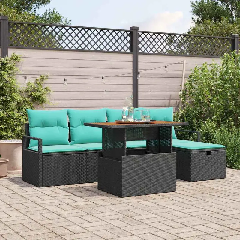 Conjunto de sofás de jardín 6 pcs Negro ratán sintético
