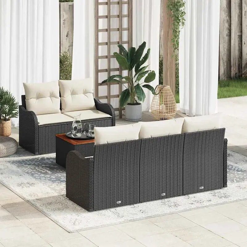 Conjunto de sofás de jardín 6 pcs Negro y crema ratán sintético