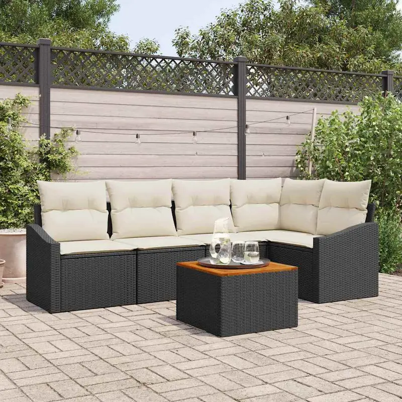 Conjunto de sofás de jardín 6 pcs Negro y crema ratán sintético