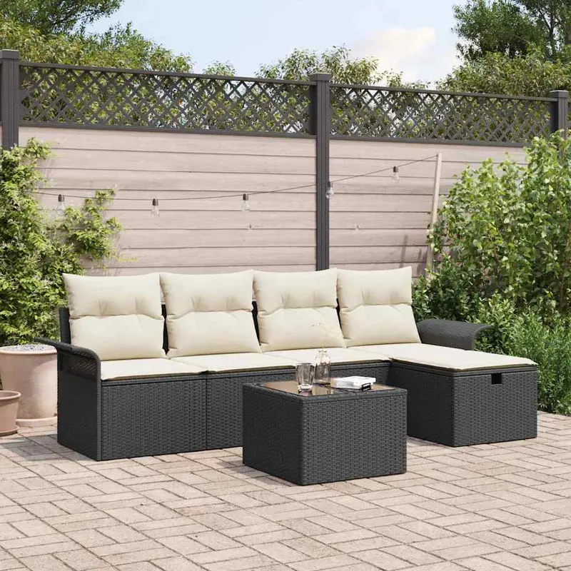 Conjunto de sofás de jardín 6 pcs Negro y crema ratán sintético