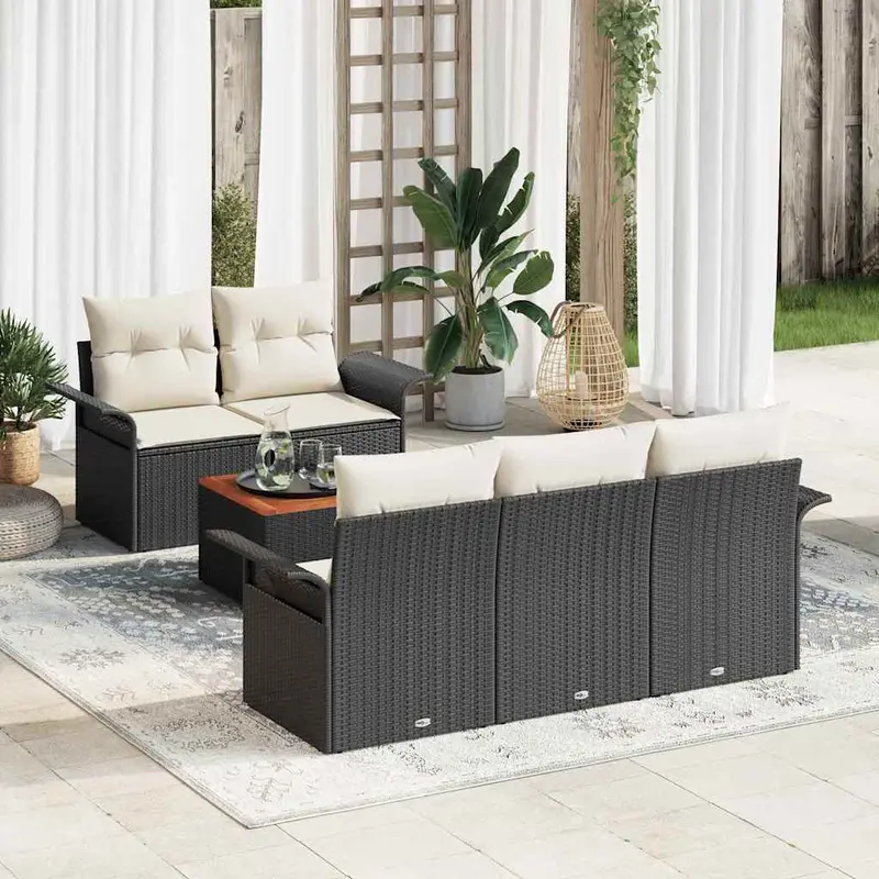 Conjunto de sofás de jardín 6 pcs Negro y crema ratán sintético