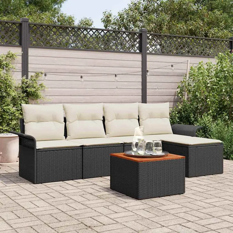 Conjunto de sofás de jardín 6 pcs Negro y crema ratán sintético