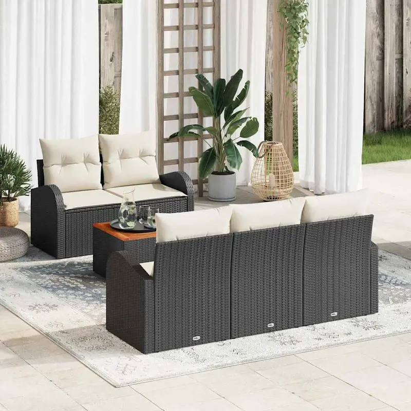 Conjunto de sofás de jardín 6 pcs Negro y crema ratán sintético