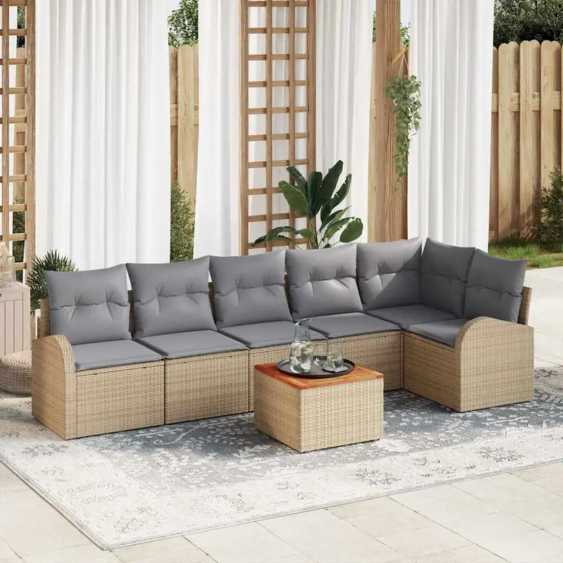 Conjunto de sofás de jardín 7 pcs Beige ratán sintético