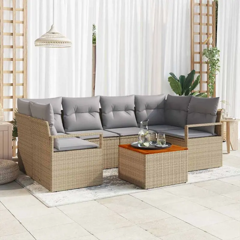 Conjunto de sofás de jardín 7 pcs Beige ratán sintético