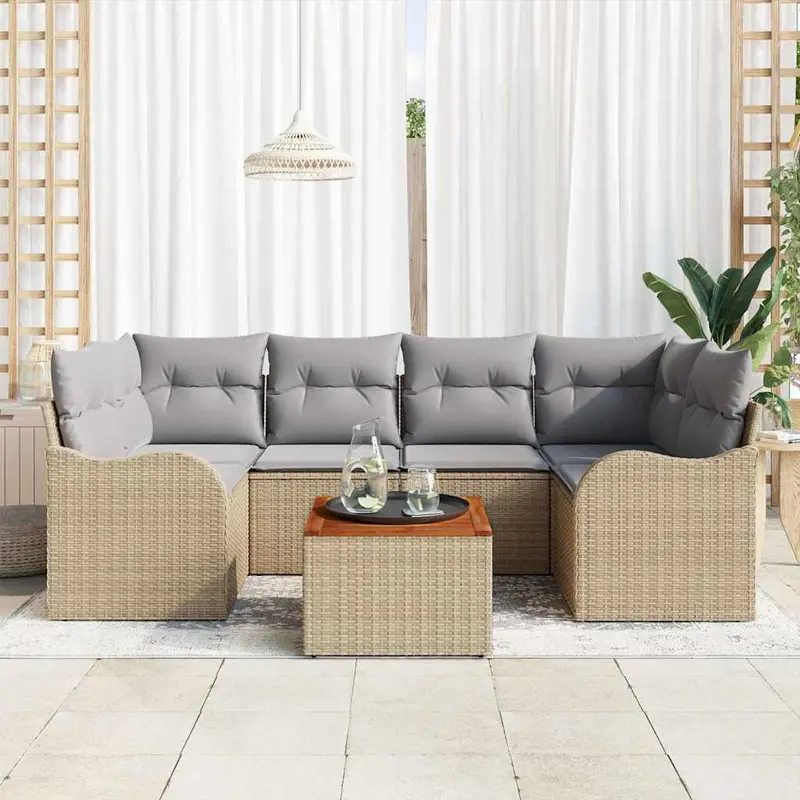 Conjunto de sofás de jardín 7 pcs Beige ratán sintético