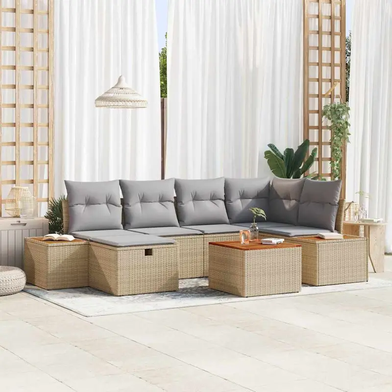 Conjunto de sofás de jardín 7 pcs Beige ratán sintético