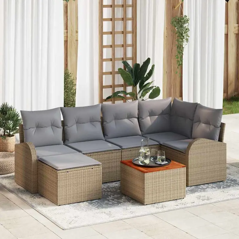 Conjunto de sofás de jardín 7 pcs Beige ratán sintético
